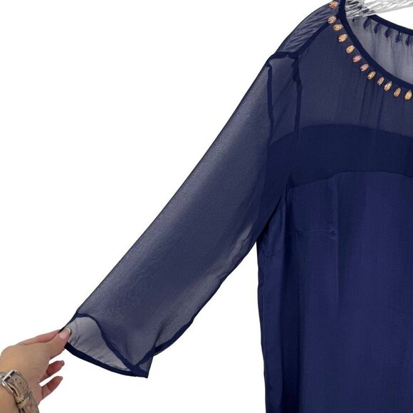 French Connection NEW 100% Silk Navy Blue Embellished Beaded Blouse Top Size 10 - Picture 3 of 10